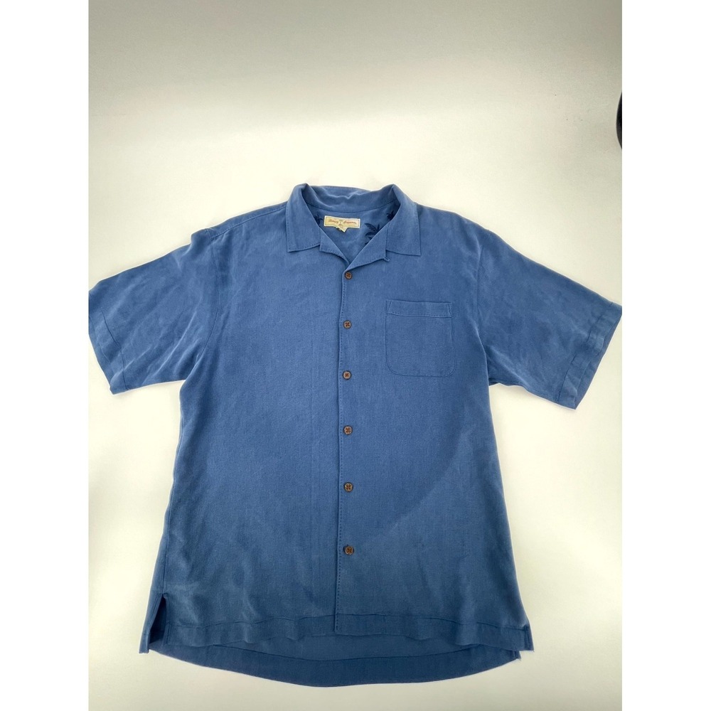 Tommy Bahama Hawaiian Shirt Mens Large Blue Silk Chest Pocket Button Up Beach